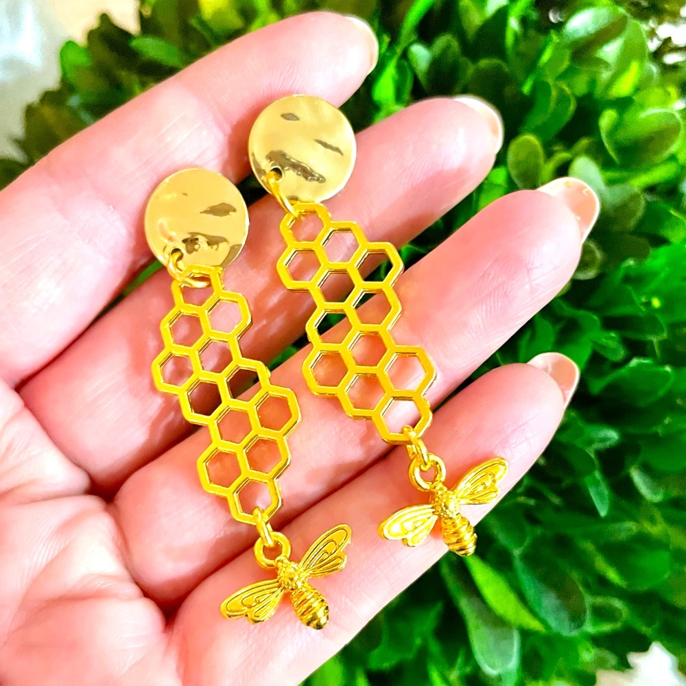 Gold Honeycomb and Bee Earrings